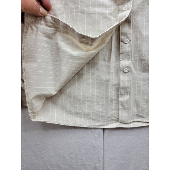 Cameo Rose Tan with white striped long sleeve button down top, size 9/10 - Picture 7 of 12